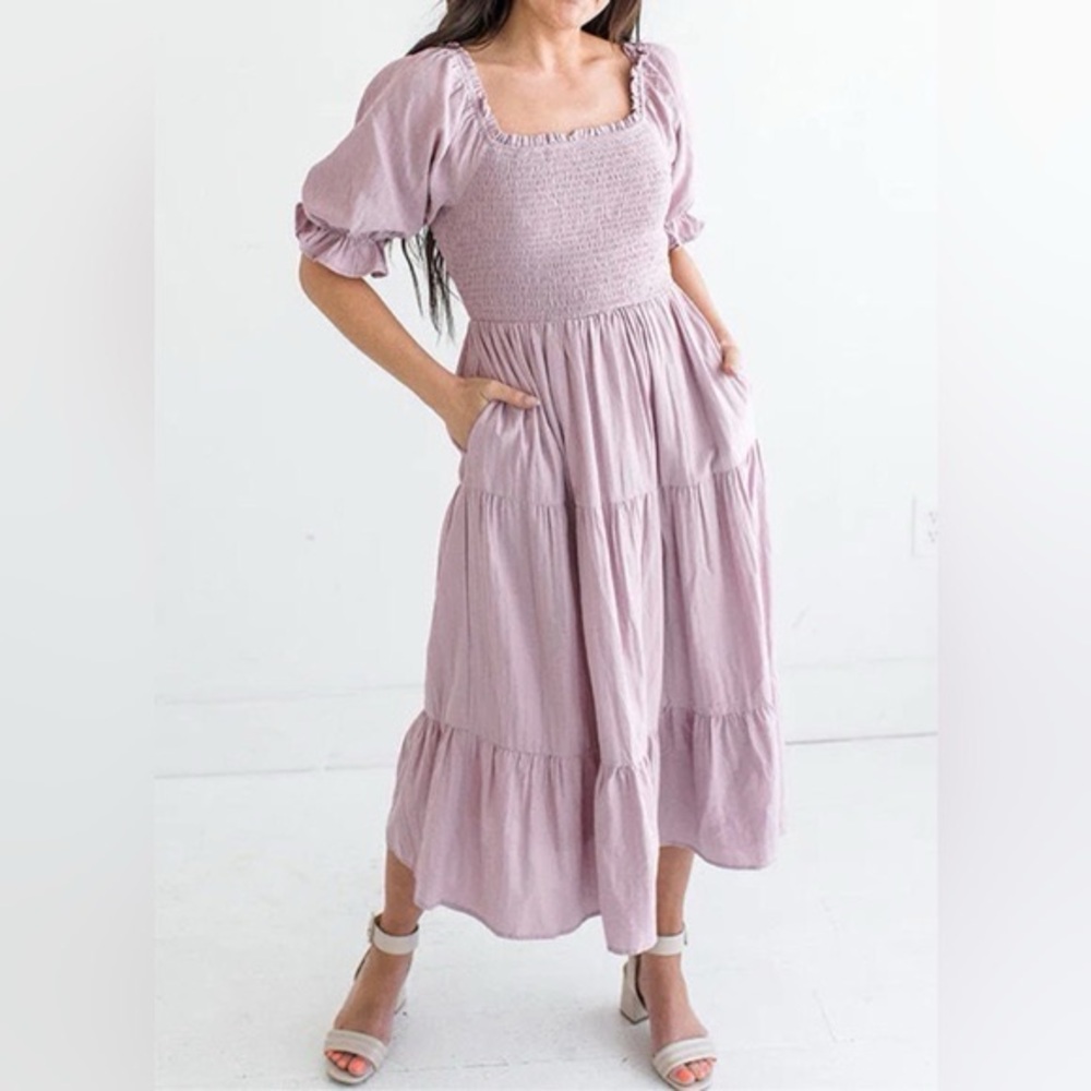 OAK + FORT Purple Smocked Midi Dress